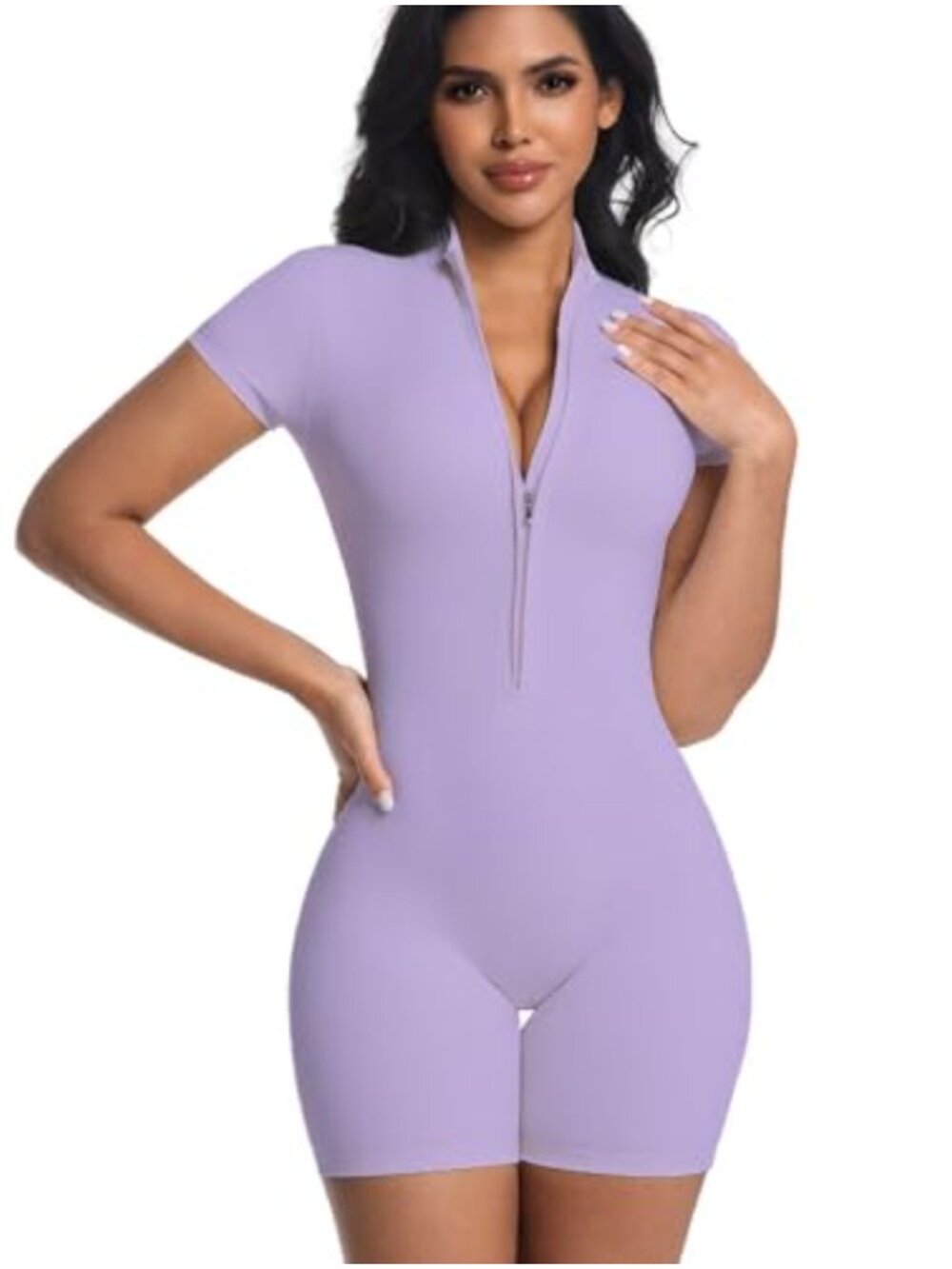 Women's Short Sleeve Zip Front Workout Jumpsuit Shorts One Piece Gym Romper